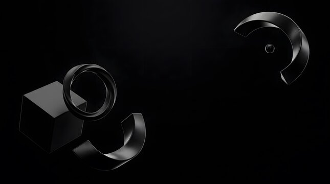 Abstract composition of floating black geometric shapes and 3d spheres on dark background.
