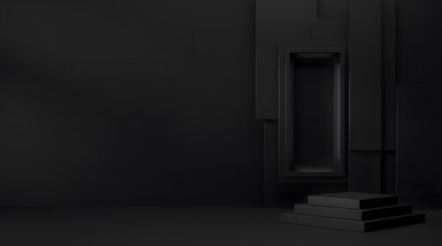 Minimalist geometric background featuring black square podium and architectural frames.