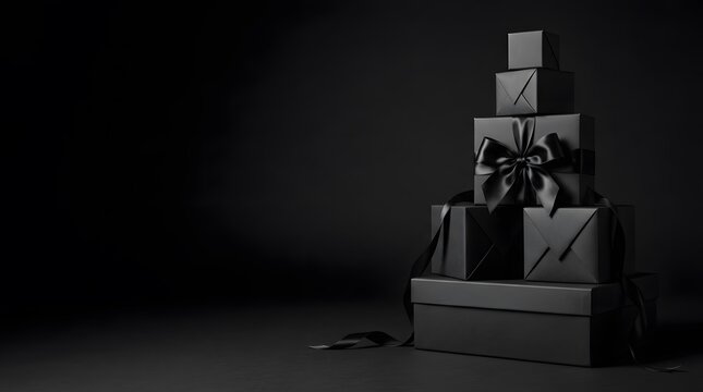 Stack of black gift boxes arranged in pyramid shape with silk ribbon on black background.