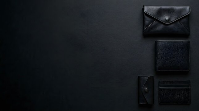 Black leather accessories and wallets organized neatly on dark surface with copy space.