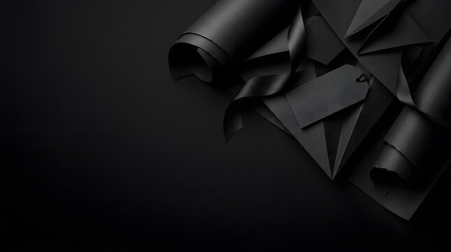 Black gift wrapping paper ribbon and tag for luxury product packaging and branding on dark background.