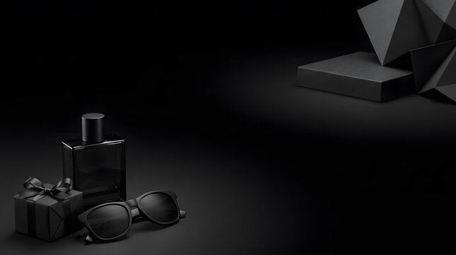 Black gift box sunglasses and perfume bottle with ribbon on dark surface for sophisticated product promotion.