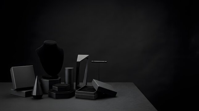 Elegant dark display stands and boxes for jewelry presentation on a clean studio surface.