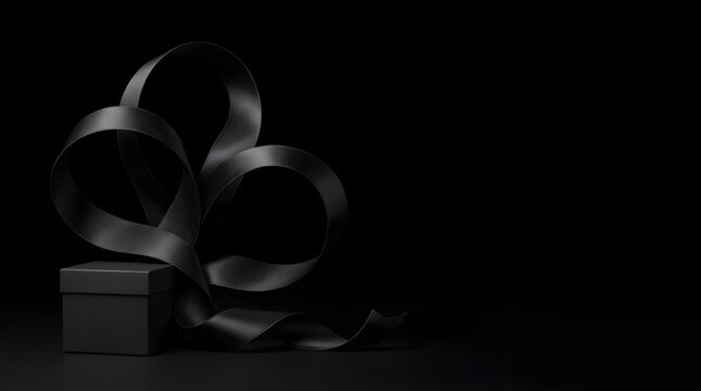 Black satin ribbon artfully shaped above a small gift box on a dark backdrop.