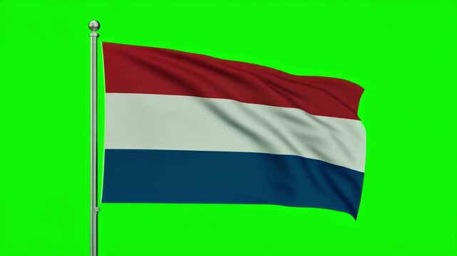 The national flag of the Netherlands gracefully waving in the wind on a flagpole with a green screen.