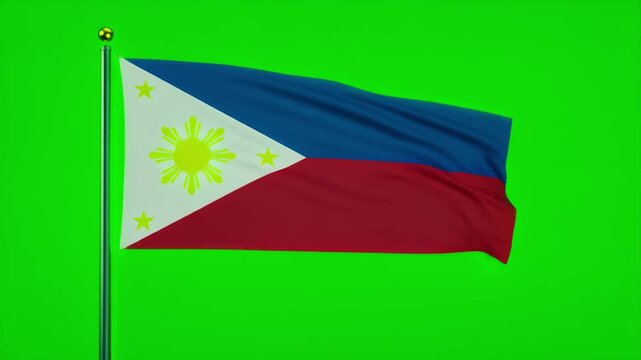 The national flag of the Philippines waves gracefully on a vibrant green screen background, perfect for chroma keying and various video projects.
