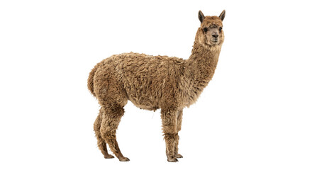 Shaggy brown alpaca standing in profile against a clean black background with space around it © Ophelia