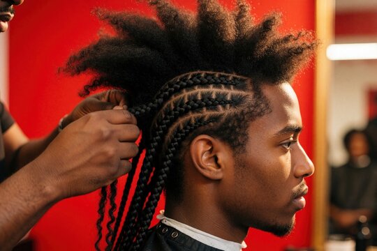 Black man gets pro hair braids in beauty salon. Stylist weaves long cornrows on side of head. Young male client enjoys hair care service with unique afro hairstyle. Barber works on intricate braid