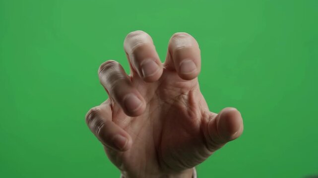Hand opening palm and clenching into fist on green screen background