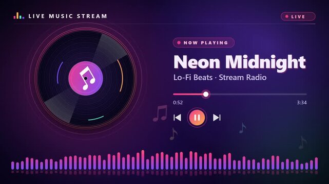 Digital music interface with a rotating vinyl record and an audio frequency visualizer on a dark background