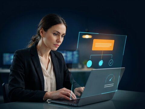 Professional woman working on a laptop with a futuristic digital interface showing business workflow and performance analytics