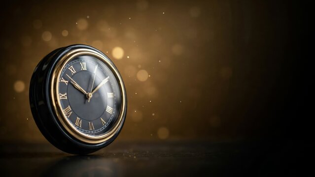 Elegant vintage clock with roman numerals on a dark surface against a glowing golden bokeh background