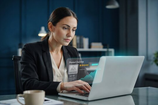 Professional businesswoman working on a laptop with a futuristic holographic product overview interface in a modern office environment