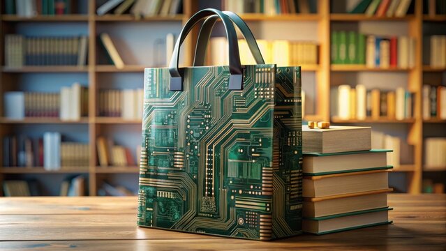 A humble shopping bag emblazoned with circuit boards and binary codes sits on a cluttered desk amidst scattered textbooks