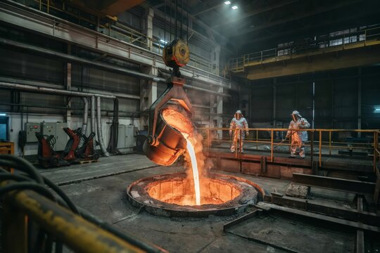 Molten metal being poured from a heavy industrial ladle into a casting mold in a foundry factory with workers in protective gear