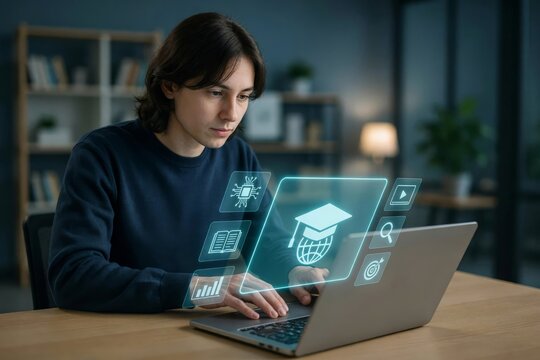 Young man using a laptop with a digital holographic interface showing education and technology icons in a modern office setting