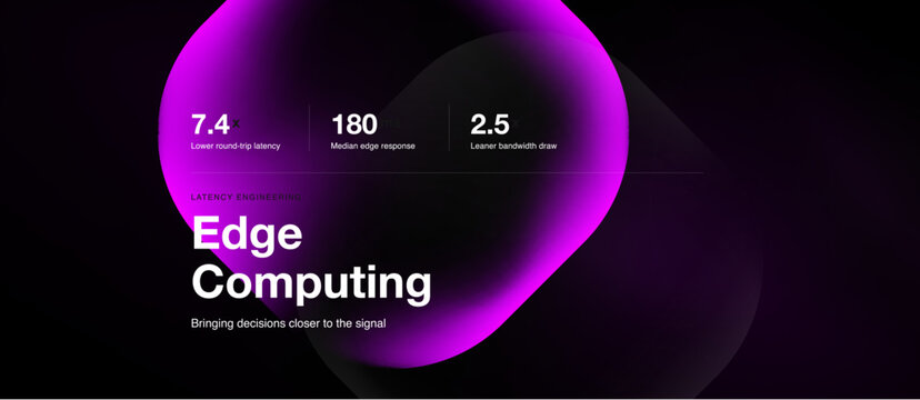 Dark background features vibrant pink shapes, text highlights edge computing benefits. Numbers indicate latency, response, bandwidth improvements.