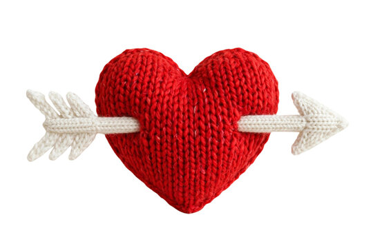 Cupid's Arrow Knitting: A handcrafted red knitted heart is pierced by a white knitted arrow, symbolizing love and affection, with a subtle texture from the yarn.