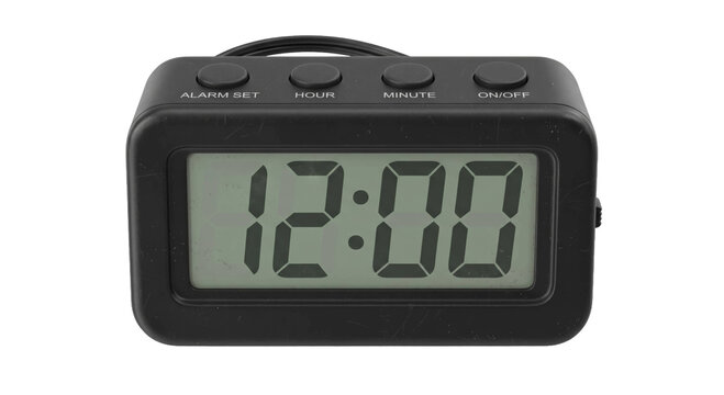 Black digital alarm clock displaying 12:00 with top control buttons on a dark background