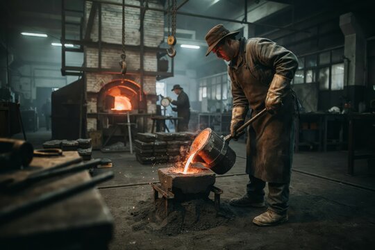 Industrial foundry worker pouring molten metal from a crucible into a sand mold in a traditional metal casting workshop