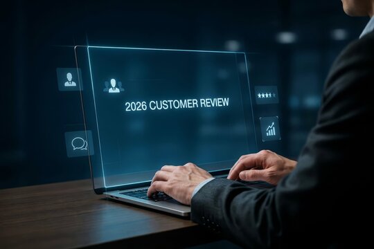 Businessman working on a laptop with a futuristic digital interface displaying 2026 customer review analytics and data visualization icons