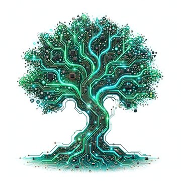 Futuristic digital tree made of glowing green circuit board traces, microchips, and electronic roots isolated on white background. Technology growth and eco tech concept.