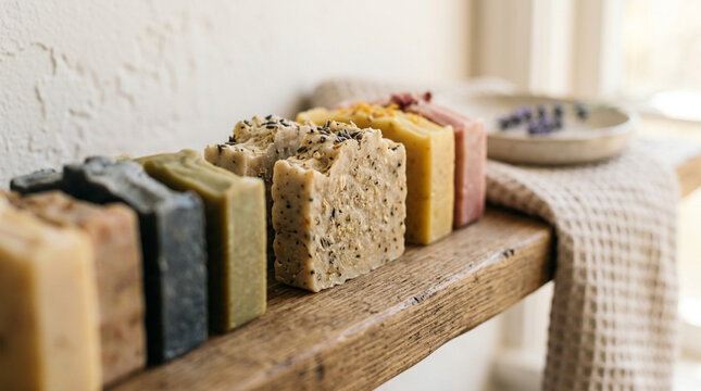 Row of handmade organic soap bars with natural ingredients like lavender, oats, and charcoal on a rustic wooden shelf in a bright bathroom setting with a waffle weave towel.