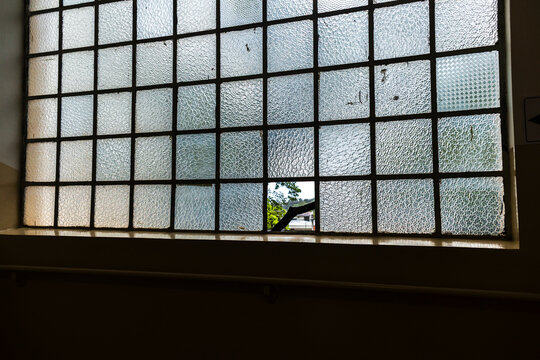 Vintage iron frame grid window with textured glass sheets, featuring missing panels that look out onto outdoor green trees and a building facade in Brazil.