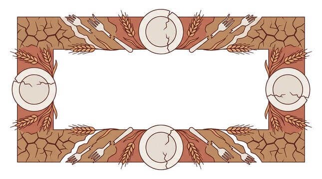Food insecurity and famine vector frame with broken plates and cracked earth
