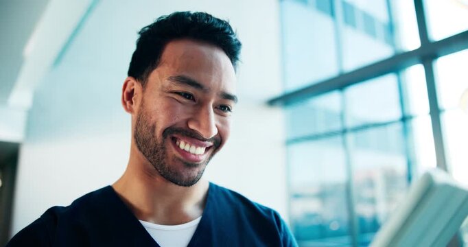 Medical, happy or doctor in hospital with tablet, progress update or optimistic for treatment plan. Laugh, man or nurse with tech, diagnosis success or positive feedback in healthcare results.