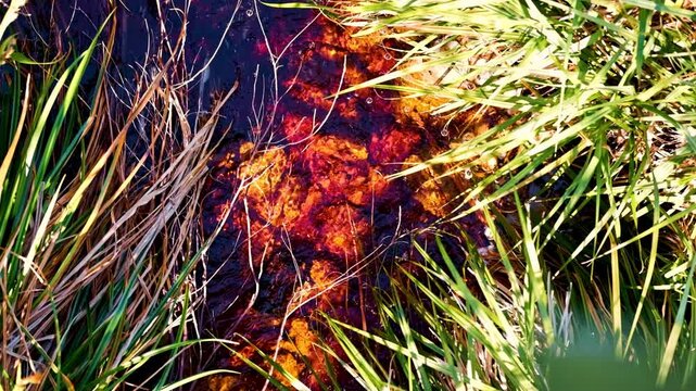 Orange mountain water dyed from Fynbos tannins flowing down a river with grasses growing on the side of the stream in South Africa