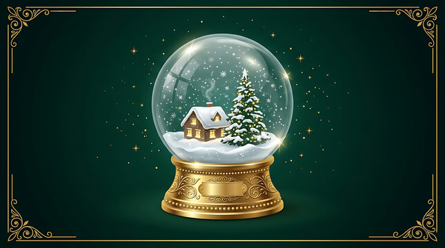  Luxury Green Christmas Snow Globe Greeting Card Vector Illustration
