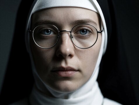 Close up portrait of young nun wearing round glasses, white religious habit. Serious female monk looks directly at camera with calm expression. Dark moody lighting on face of christian nun in black