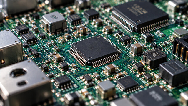 Macro Close-Up of an Electronic Circuit Board with Semiconductor Chips