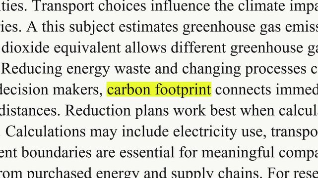 Carbon footprint is highlighted in yellow as sections of black serif text shift, with paragraphs about emissions, electricity and materials on a white background.