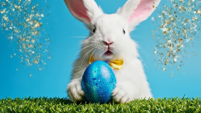 Fluffy white bunny holding blue egg with golden glitter falling against blue background