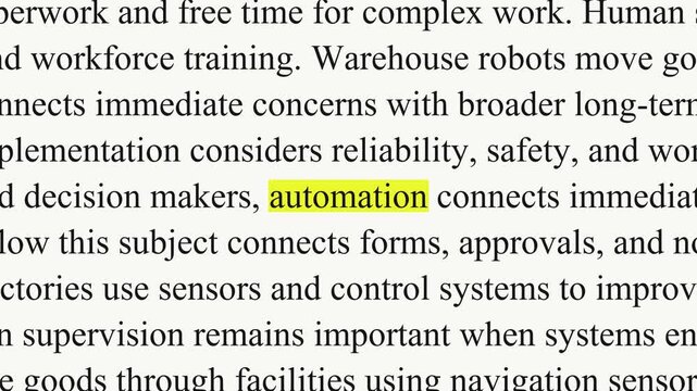 A yellow highlight marks automation as black serif paragraphs shift and change, with text about software, machinery and sensors filling the white background.