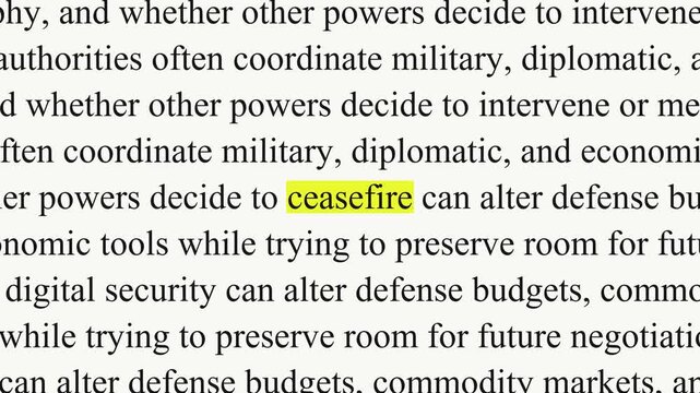 Ceasefire appears in a yellow highlight while black serif paragraphs shift and change, with text about diplomacy, institutions and humanitarian access on a white background.
