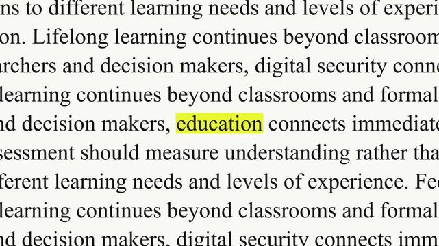 A yellow highlight marks education as black serif paragraphs shift and change, with text about students, learning and assessment filling the white background.