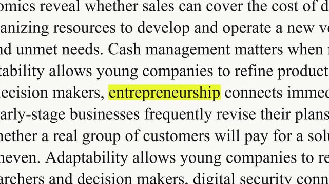 Entrepreneurship is highlighted in yellow as black serif paragraphs shift and change, with text about founders, customers and sales filling a white background.