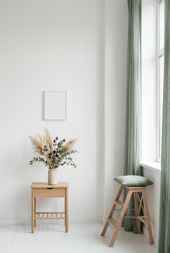 Minimalist interior corner with blank frame mockup and dried flowers