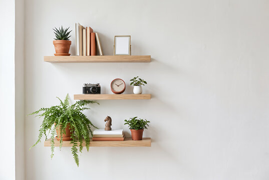 Floating wooden shelves with plants and decor on white wall