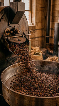 Artisan coffee beans falling from vintage roaster into cooling tray with smoke at small specialty roastery and burlap bags in background
