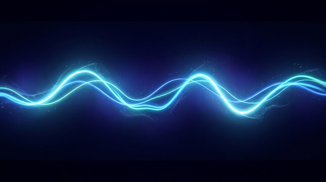 Neon blue light trails flowing in wavy motion against dark background with magic particles