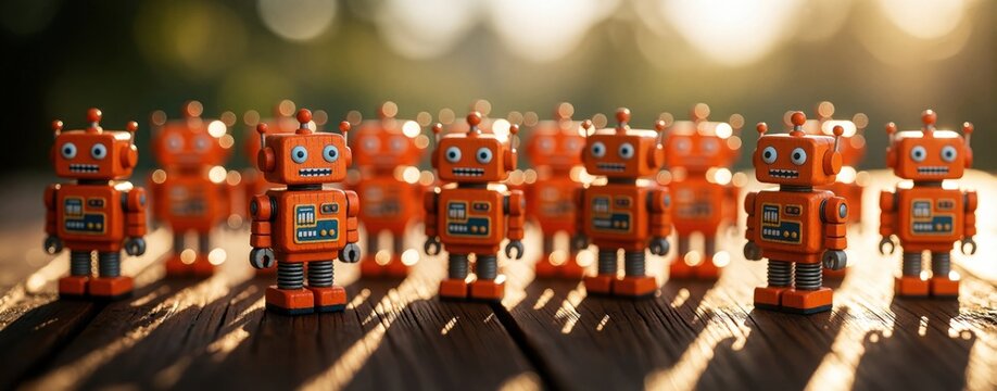 Row of orange wooden robot toys stands on dark timber surface. Cute mechanical characters line up in garden under soft sunlight. Playful small figures create funny army with bright color, whimsical