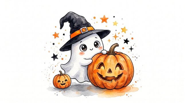 Cute watercolor Halloween illustration of a little ghost in witch hat leaning on pumpkin