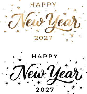 Happy New Year 2027 typography design collection featuring elegant metallic gold calligraphy, minimalist black script lettering, and decorative stars
