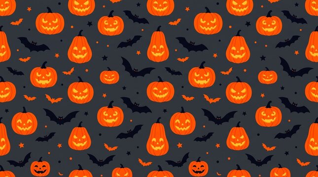 Seamless Halloween pattern with carved pumpkins, smiling jack-o-lanterns and flying bats