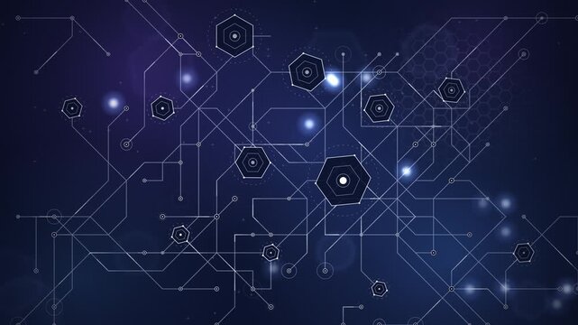 Abstract digital technology background with connected neon blue circuit board nodes