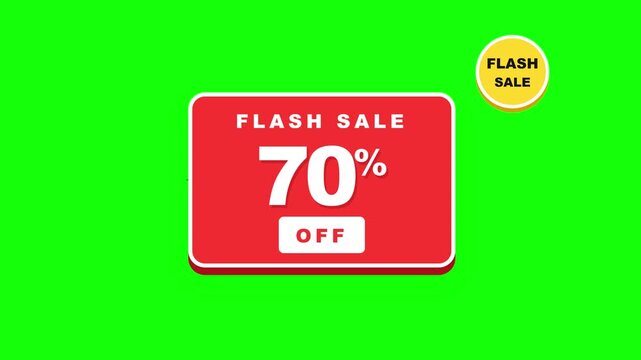Flash sale animation with 70 percent off red label discount offer for special shopping events and commercial retail promotions on green screen background